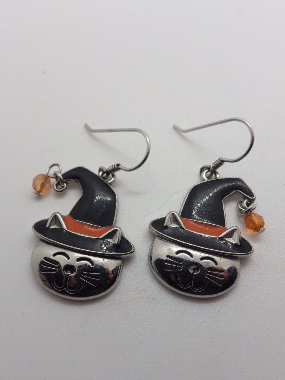 Halloween Cat Witch Hat Silver tone Earrings